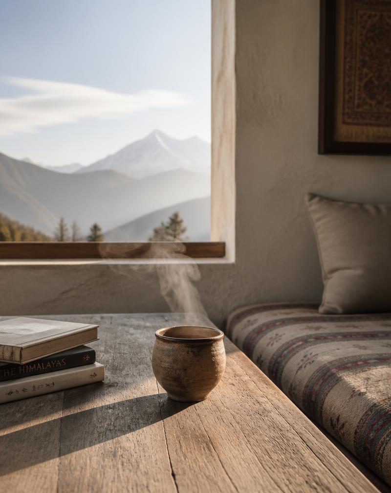 A clay tea cup steaming on a wooden table in a Himalayan lodge with mountain views